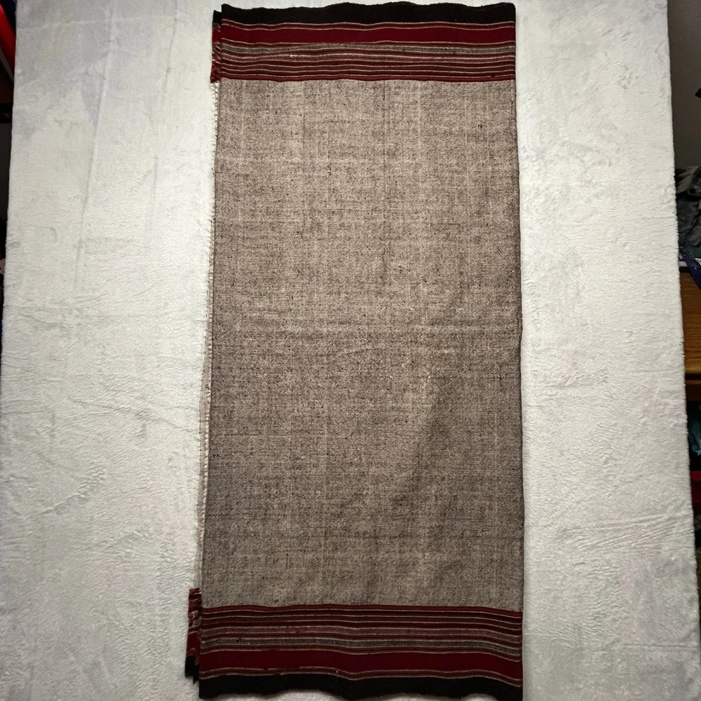 Afghan Patoo Blanket Shawl Grey Burgundy Woven Wool Blend Geometric Wrap